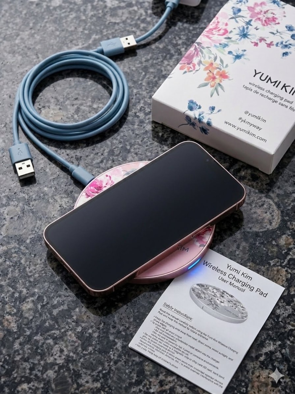 Yumi Kim Floral Rose Gold Wireless Charging Pad Qi ChargerBlue Cord Set box NWT